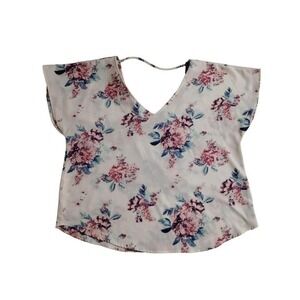 Wishful Park Womens XL Floral V-Neck Strappy Back Short Sleeve Blouse Ivory Pink